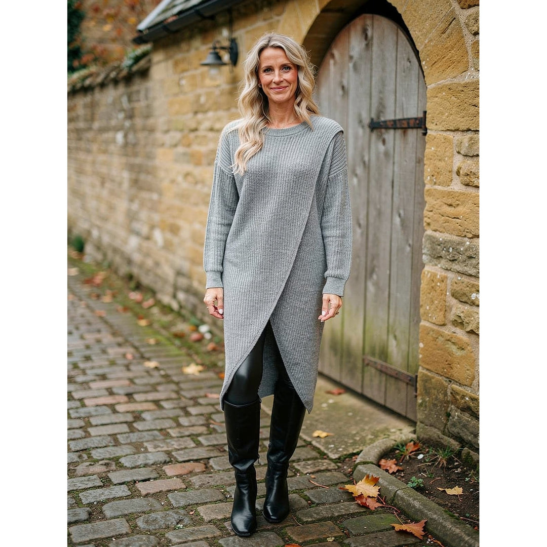 Women's Crossover Hem Sweater Dress in Gray, front view