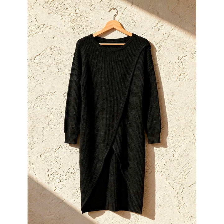 Women's Crossover Hem Sweater Dress in Black, front view