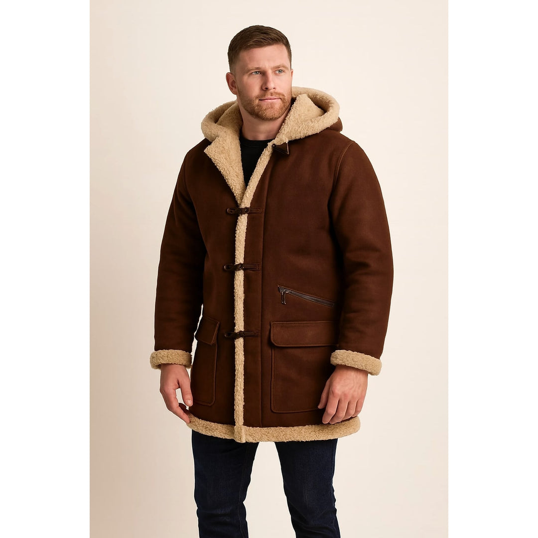 Men's Faux Shearling Coat in Brown, front view