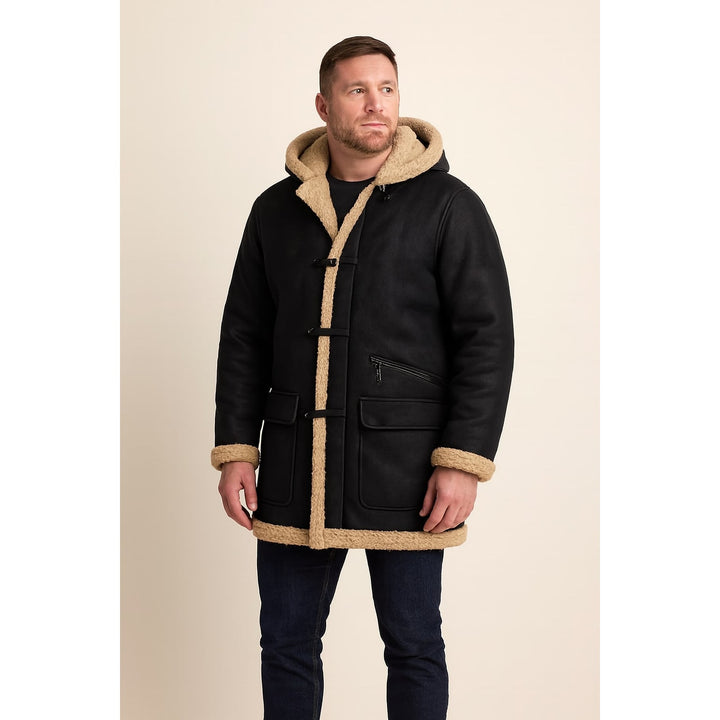 Men's Faux Shearling Coat in Black, front view