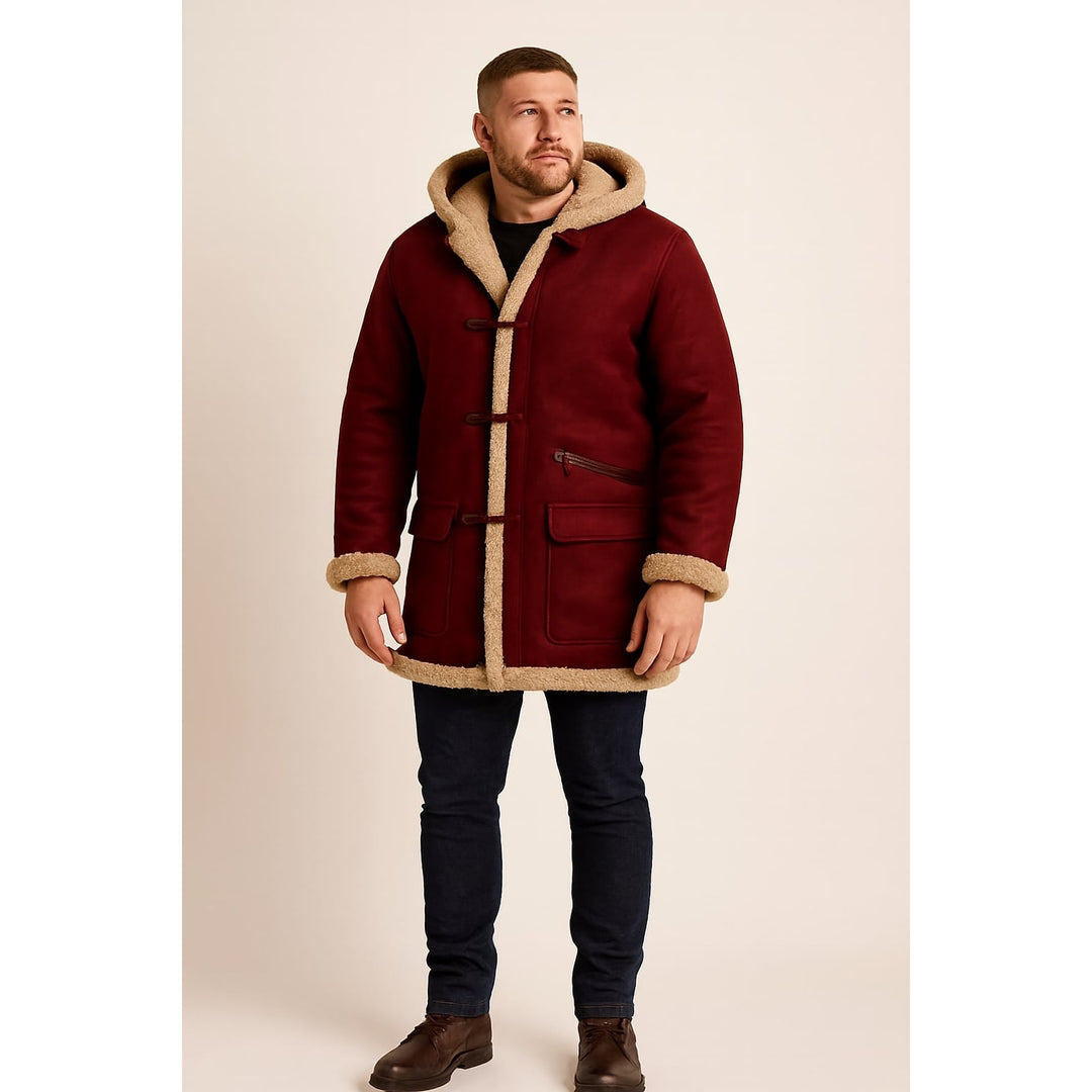 Men's Faux Shearling Coat in Burgundy, front view