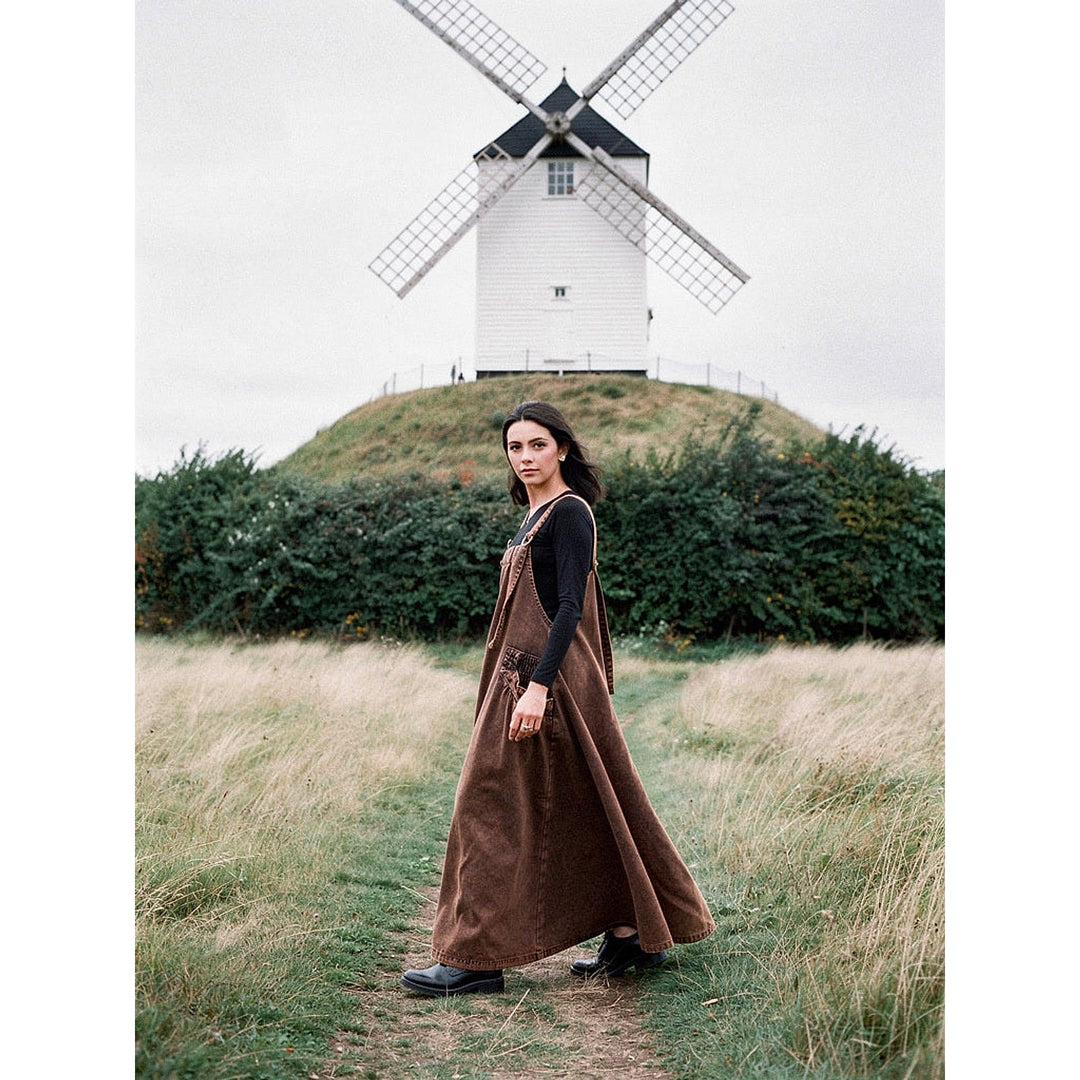 Women's Denim Pinafore Dress in Brown, front view