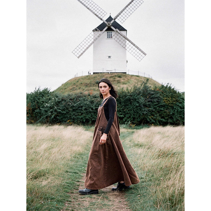 Women's Denim Pinafore Dress in Brown, front view