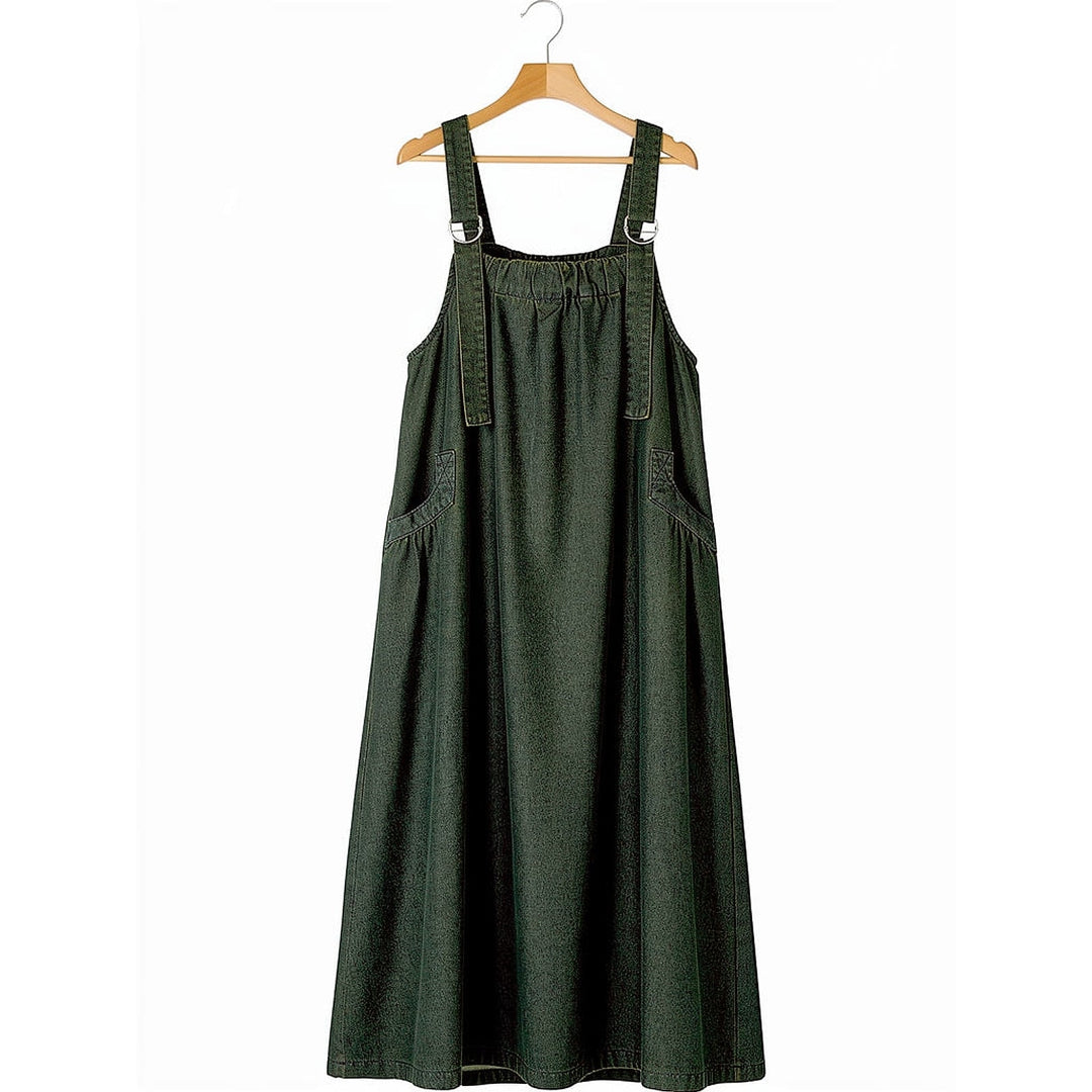 Women's Denim Pinafore Dress in Green, front view