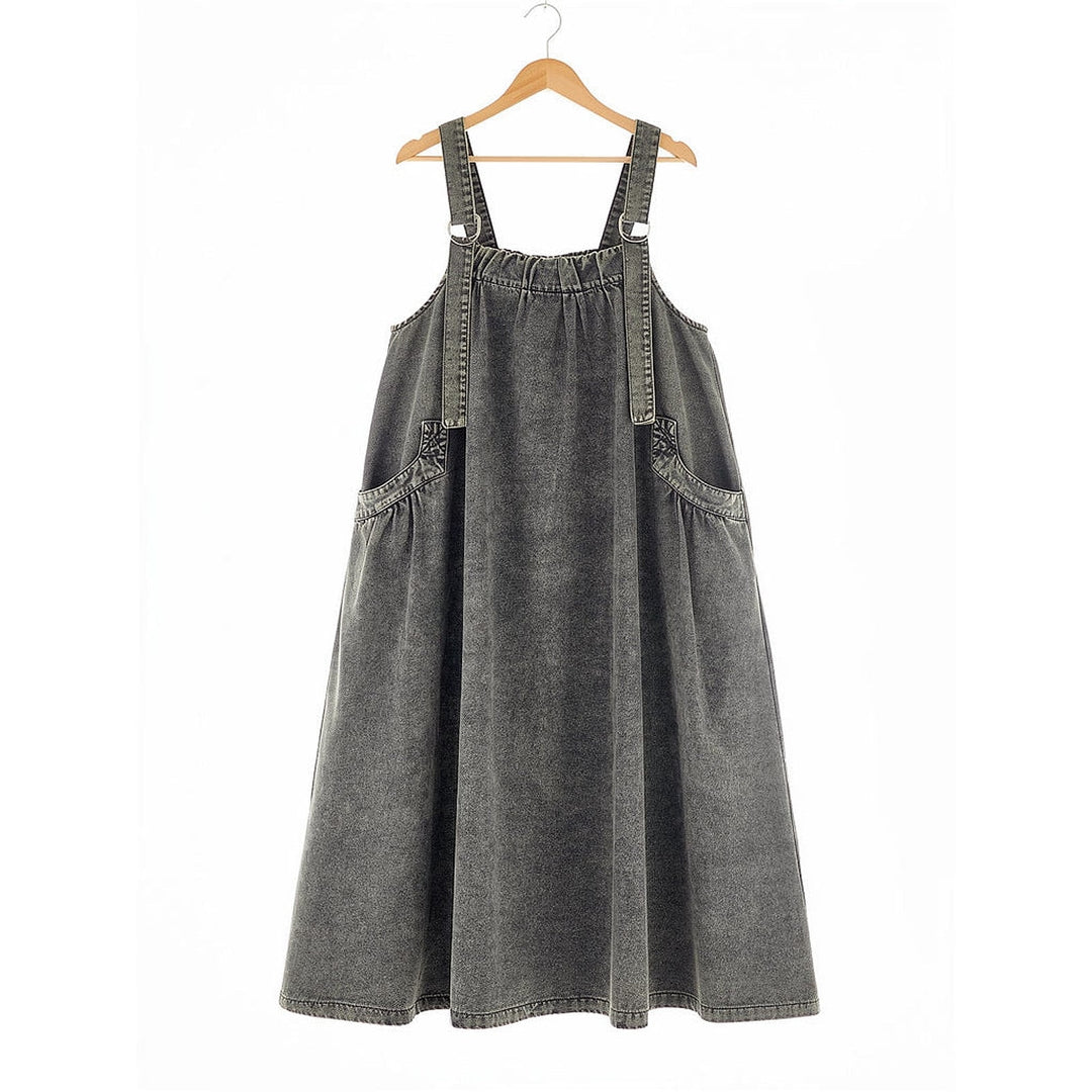 Women's Denim Pinafore Dress in Gray, front view