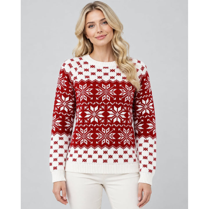 Women's Nordic Snowflake Christmas Sweater in White, front view