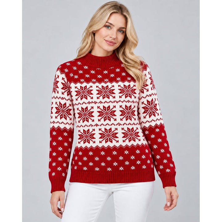 Women's Nordic Snowflake Christmas Sweater in Red, front view