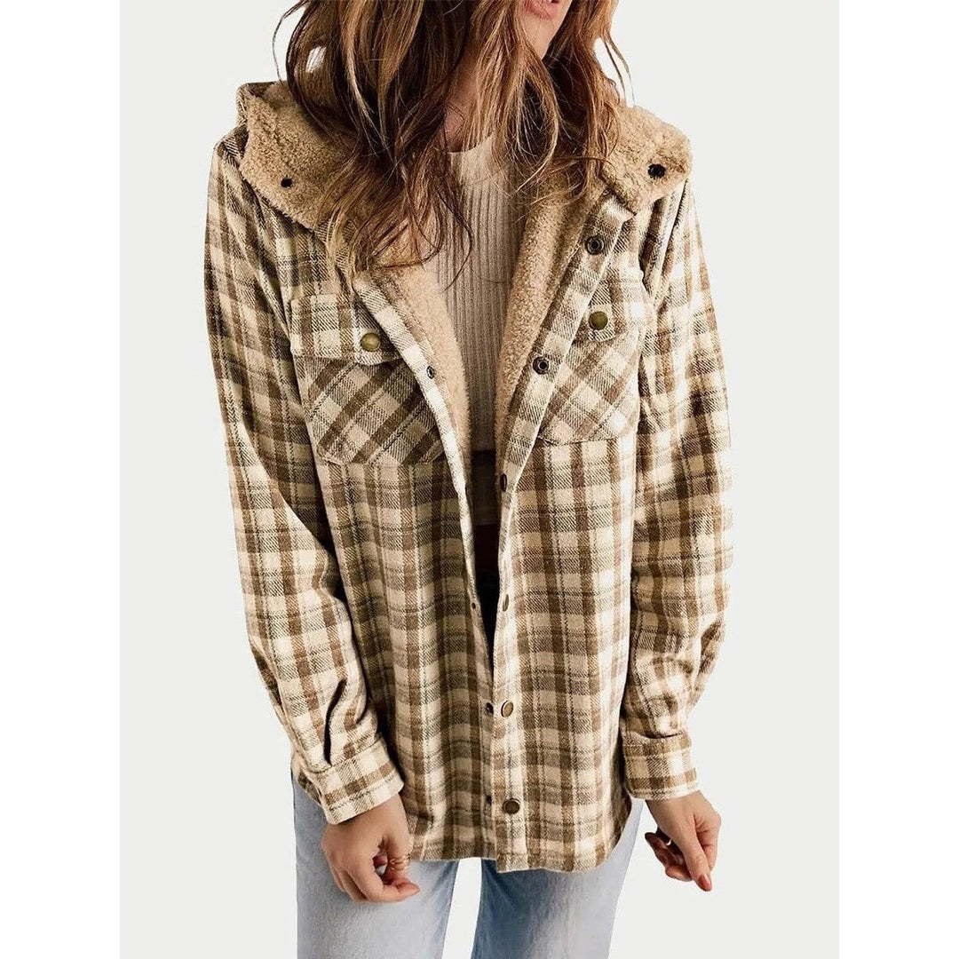 Women's Hooded Plaid Jacket in Beige, front view