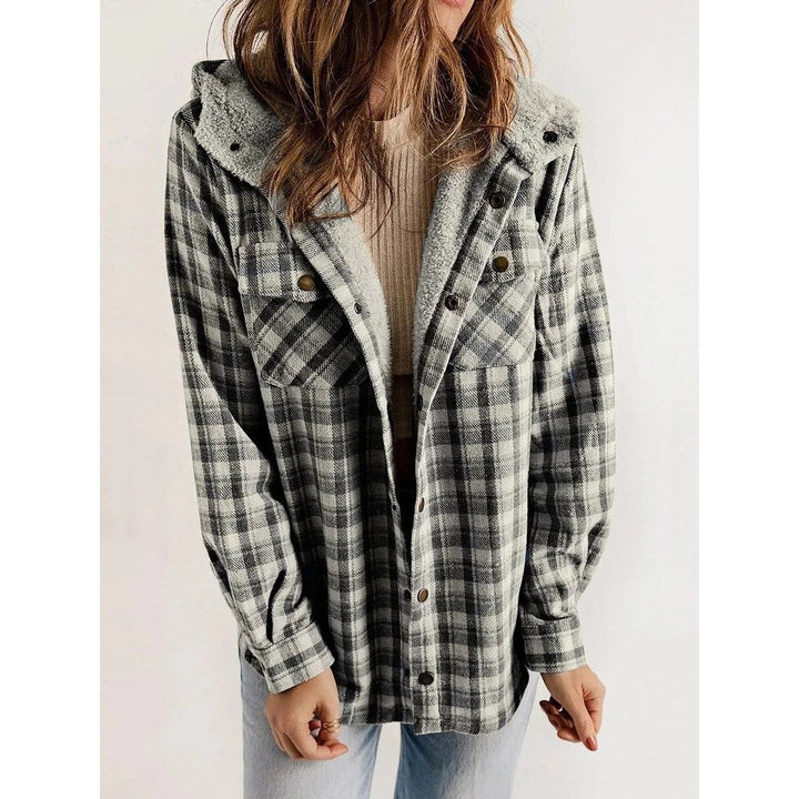 Women's Hooded Plaid Jacket in Dark Gray, front view