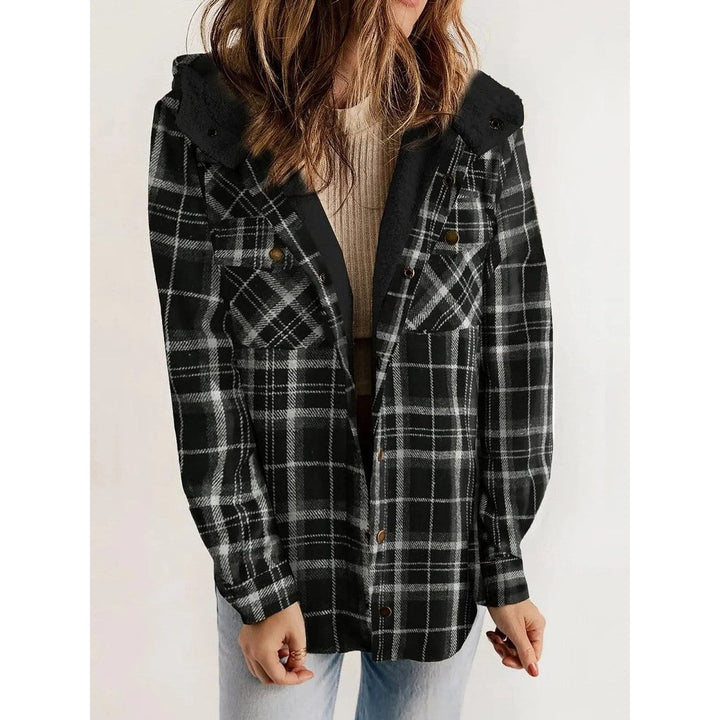 Women's Hooded Plaid Jacket in Black, front view
