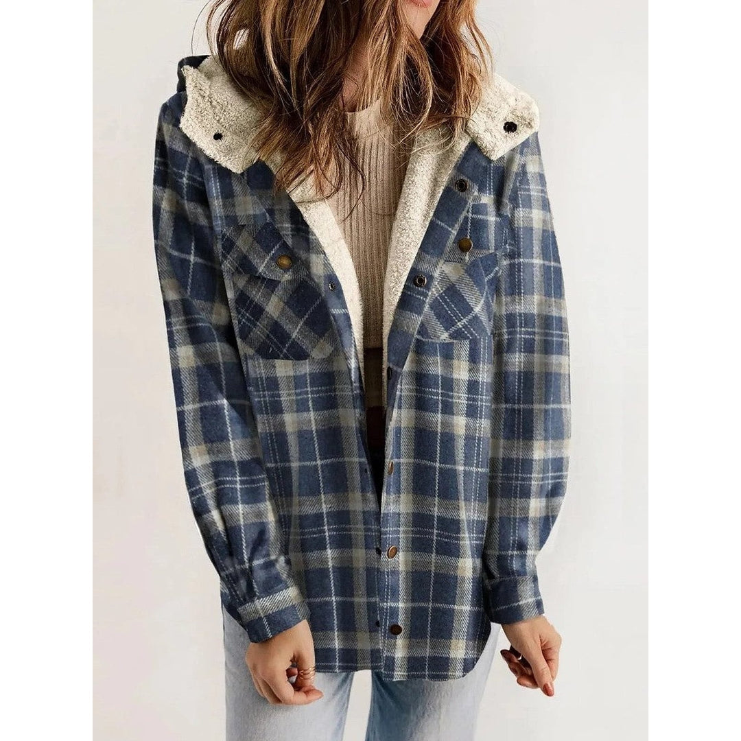 Women's Hooded Plaid Jacket in Blue, front view