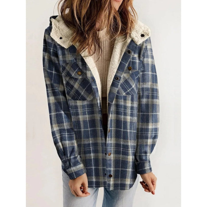Women's Hooded Plaid Jacket in Blue, front view