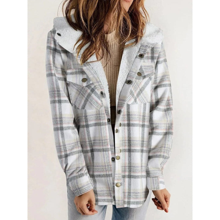 Women's Hooded Plaid Jacket in White, front view