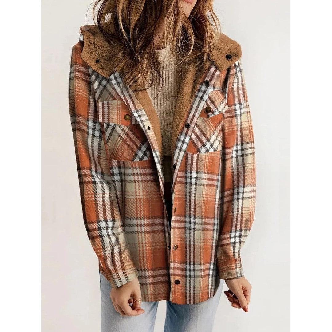 Women's Hooded Plaid Jacket in Brown, front view