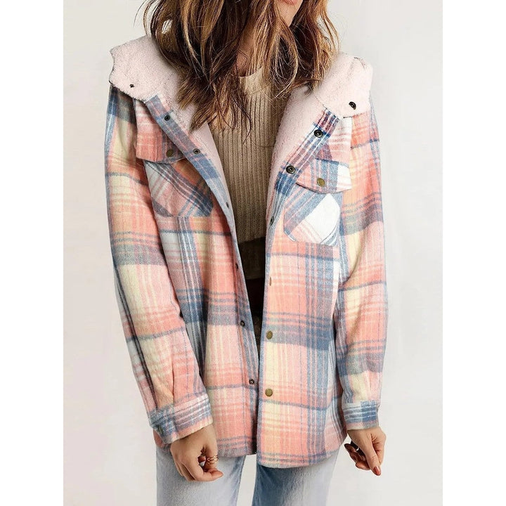 Women's Hooded Plaid Jacket in Pink, front view