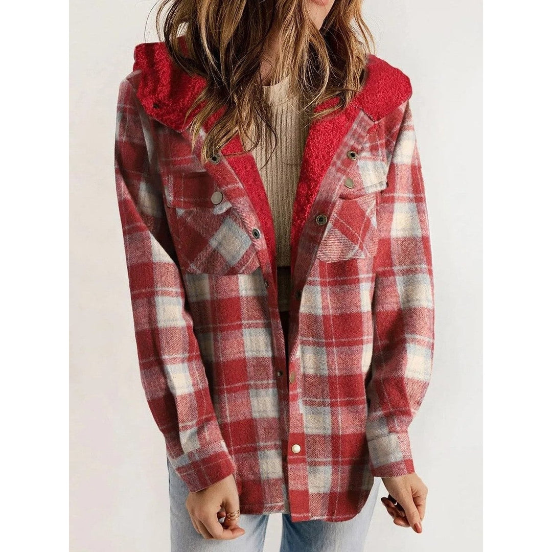 Women's Hooded Plaid Jacket in Red, front view
