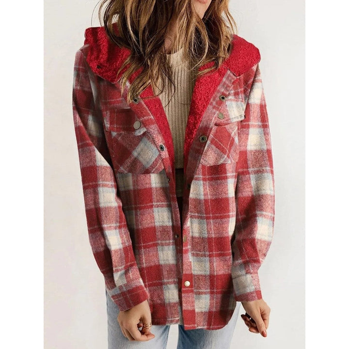 Women's Hooded Plaid Jacket in Red, front view