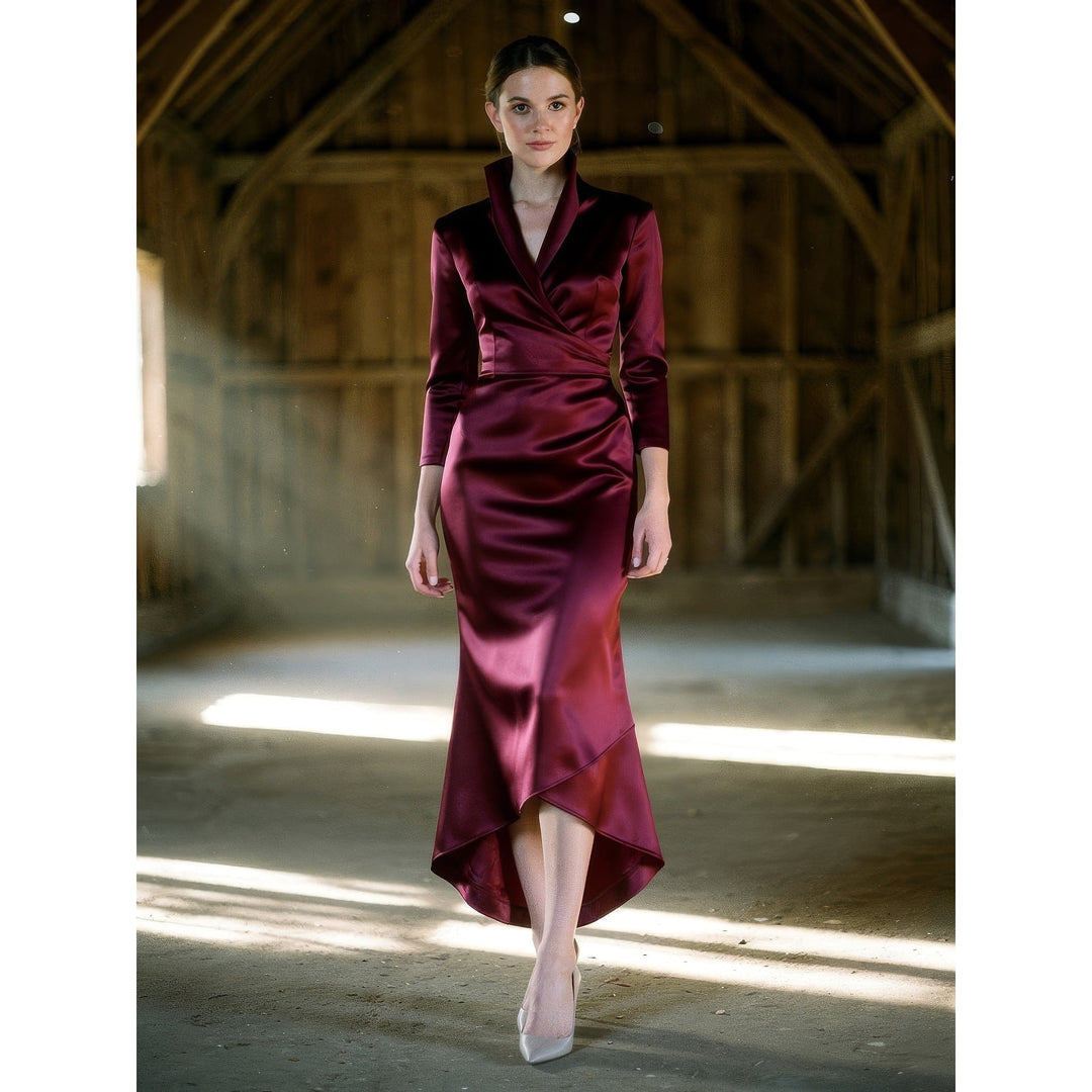 Women's Satin Wrap Midi Dress in Burgundy, front view