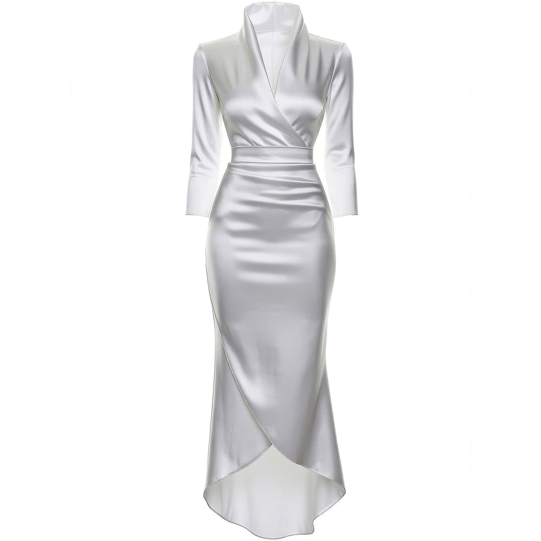 Women's Satin Wrap Midi Dress in Off White, front view