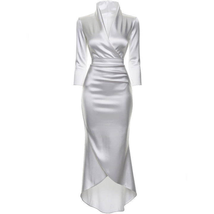 Women's Satin Wrap Midi Dress in Off White, front view
