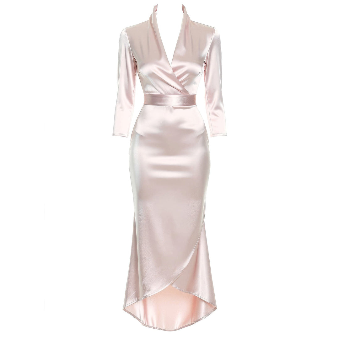 Women's Satin Wrap Midi Dress in Light Pink, front view