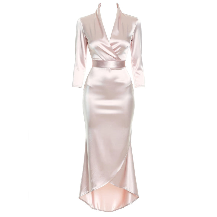 Women's Satin Wrap Midi Dress in Light Pink, front view