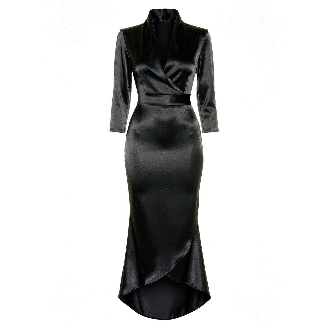 Women's Satin Wrap Midi Dress in Black, front view