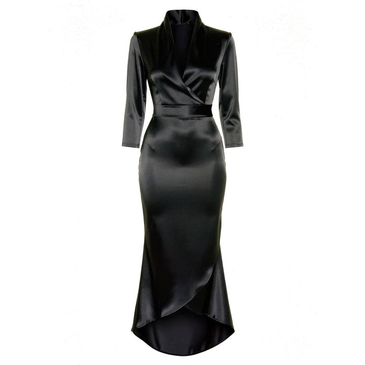 Women's Satin Wrap Midi Dress in Black, front view