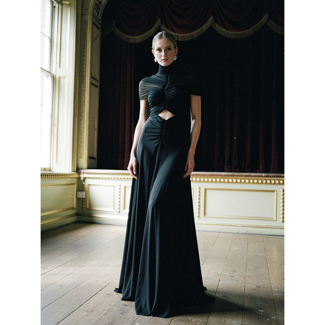 Women's Mesh Maxi Dress in Black, front view