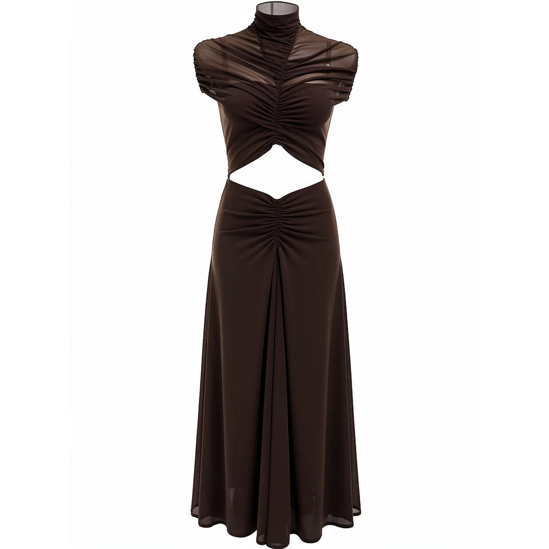 Women's Mesh Maxi Dress in Brown, front view