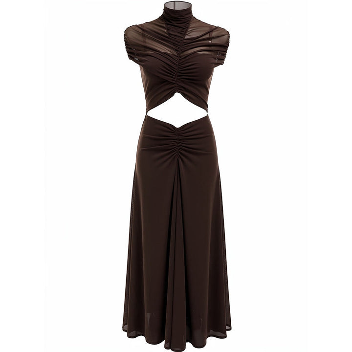Women's Mesh Maxi Dress in Brown, front view