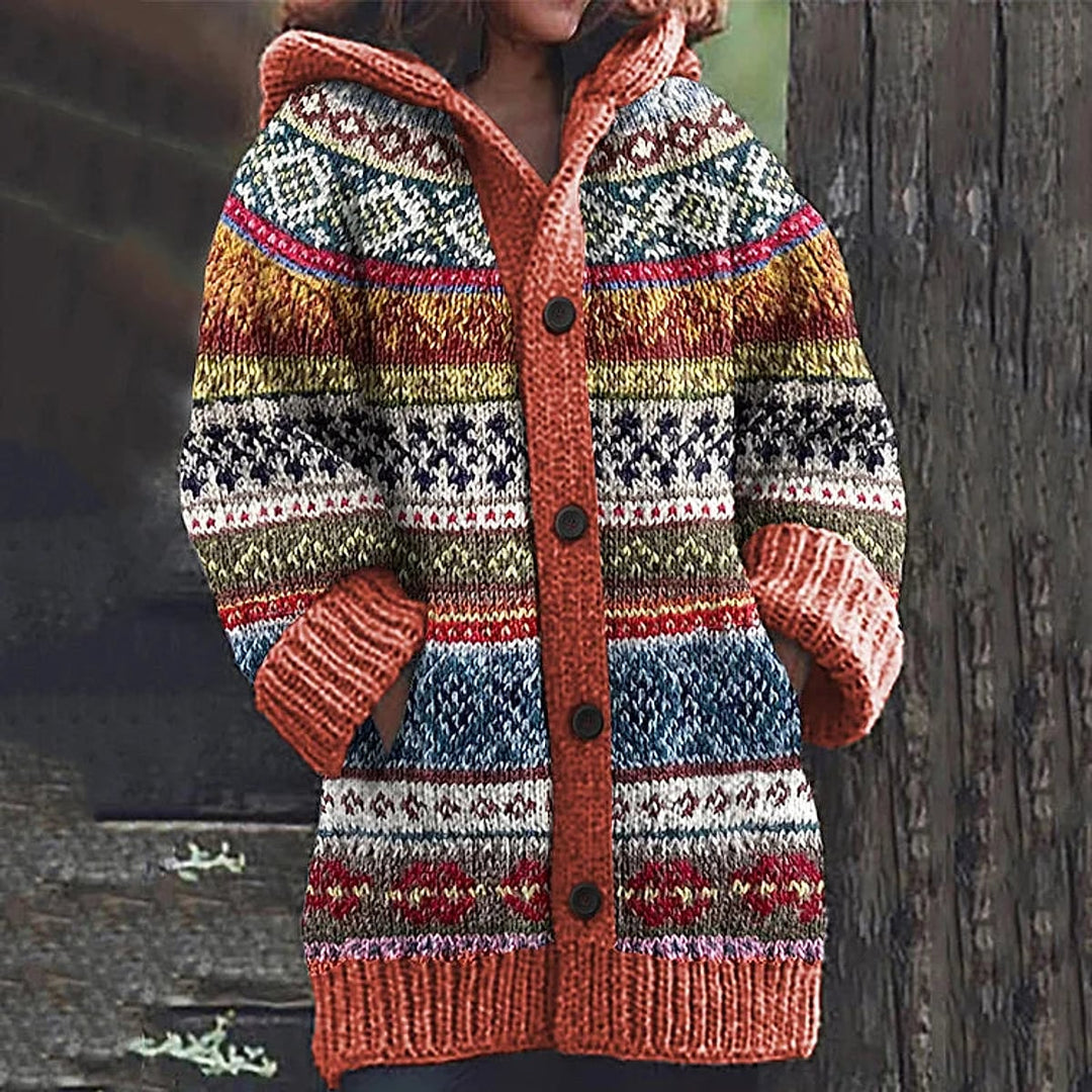 Women's Snowflake Knit Cardigan in Orange, front view