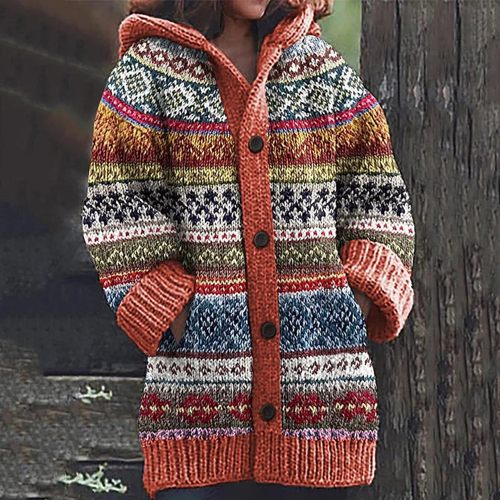 Women's Snowflake Knit Cardigan in Orange, front view
