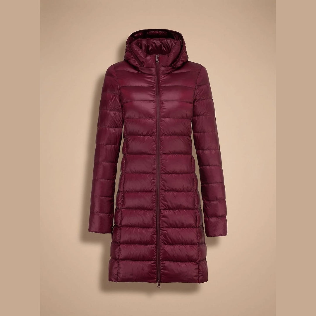 Women's Long Hooded Puffer Jacket in Wine Red, front view