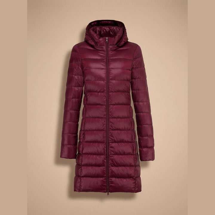 Women's Long Hooded Puffer Jacket in Wine Red, front view