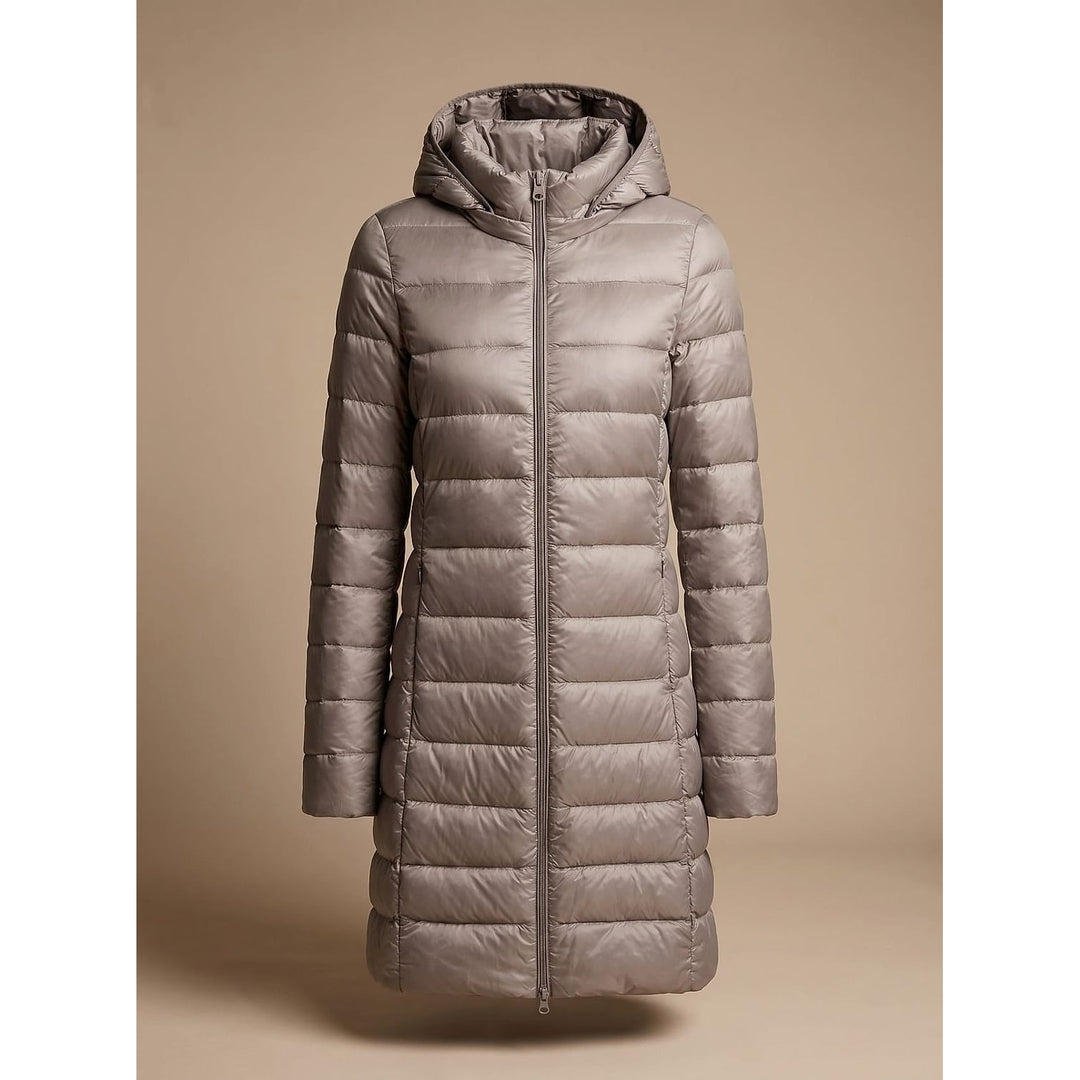 Women's Long Hooded Puffer Jacket in Khaki, front view