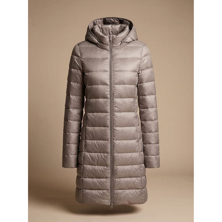Women's Long Hooded Puffer Jacket in Khaki, front view