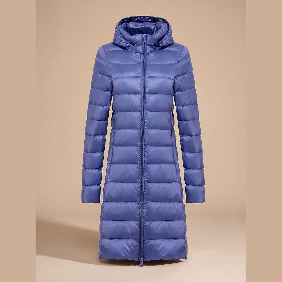 Women's Long Hooded Puffer Jacket in Blue, front view