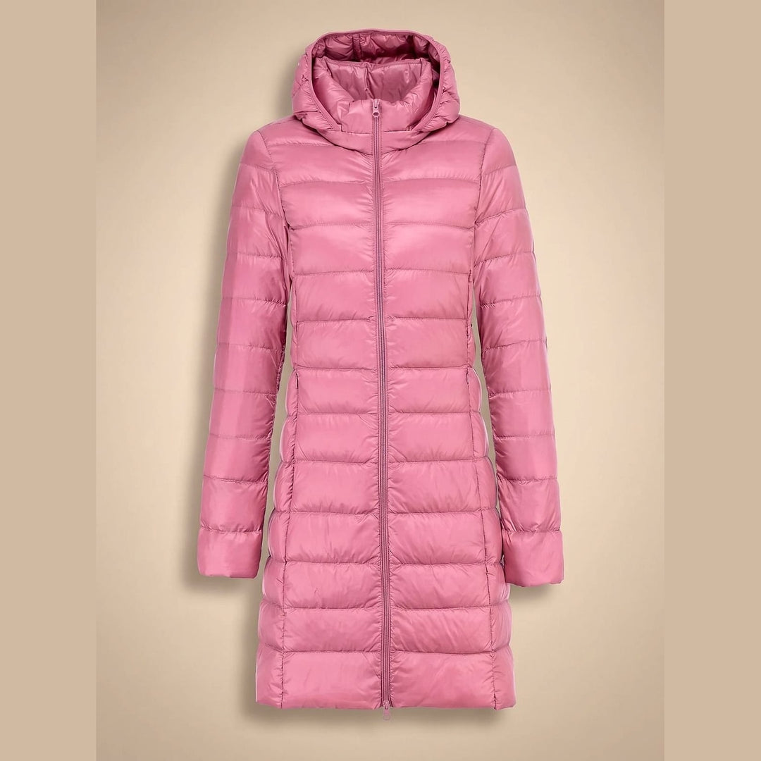 Women's Long Hooded Puffer Jacket in Pink, front view