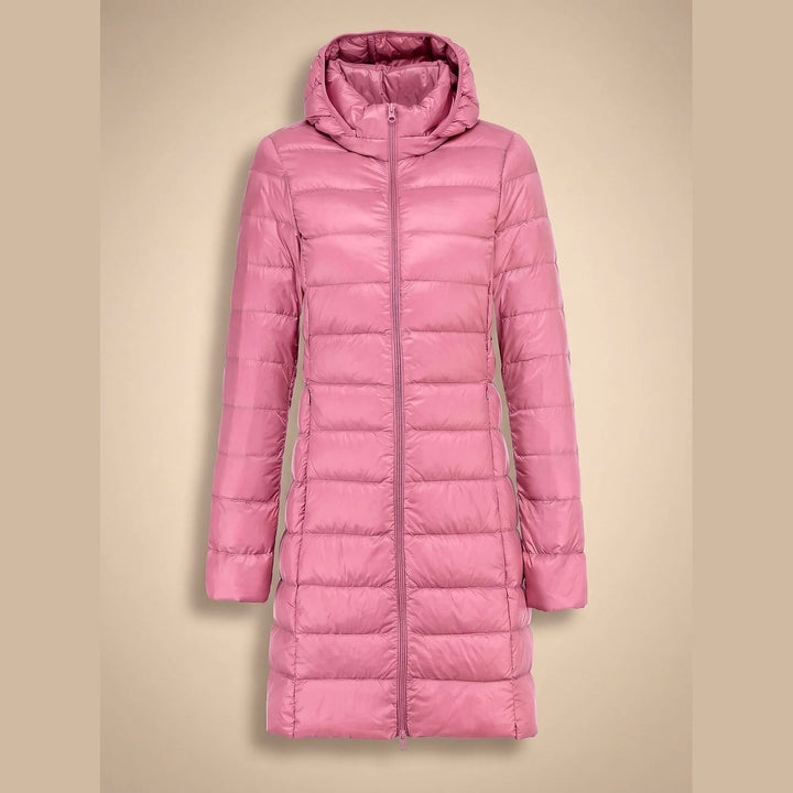 Women's Long Hooded Puffer Jacket in Pink, front view