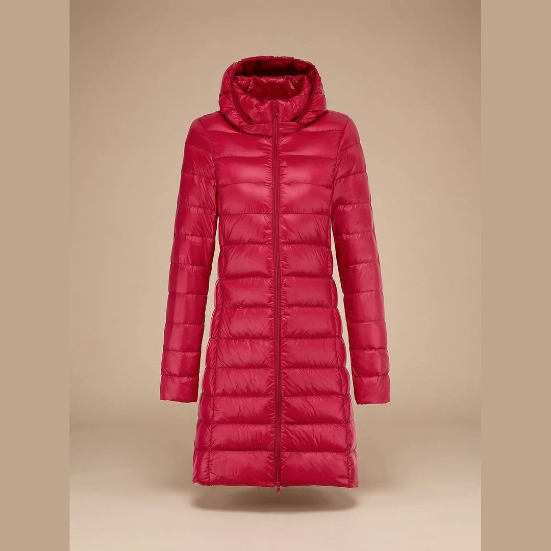 Women's Long Hooded Puffer Jacket in Red, front view