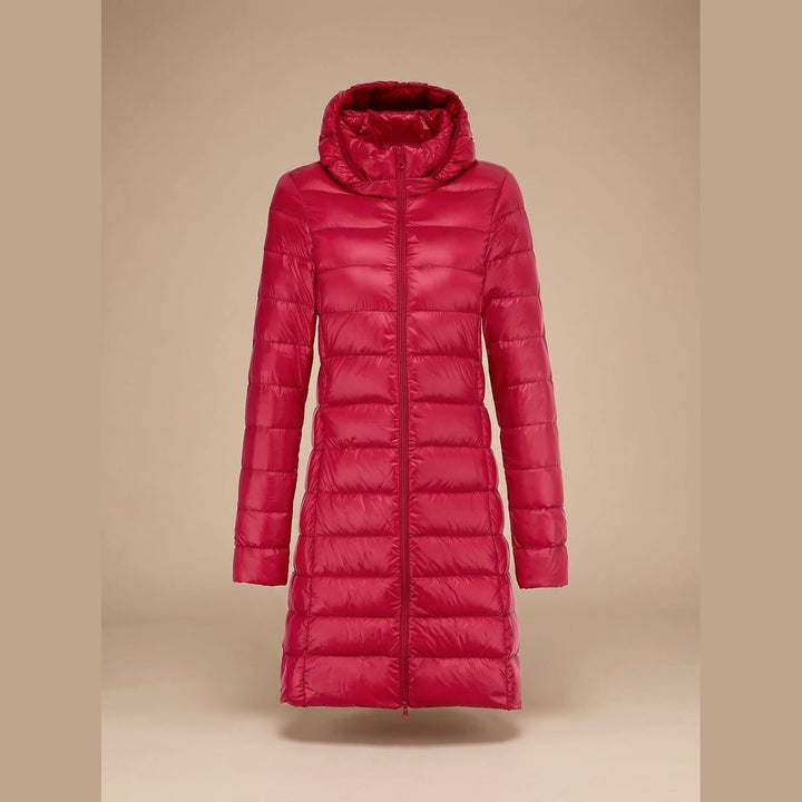 Women's Long Hooded Puffer Jacket in Red, front view