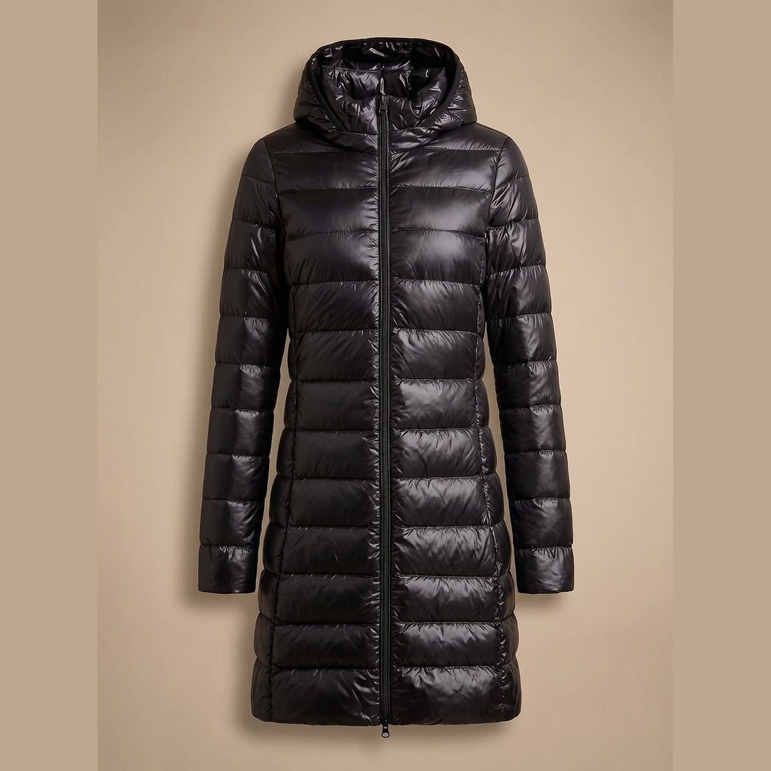 Women's Long Hooded Puffer Jacket in Black, front view