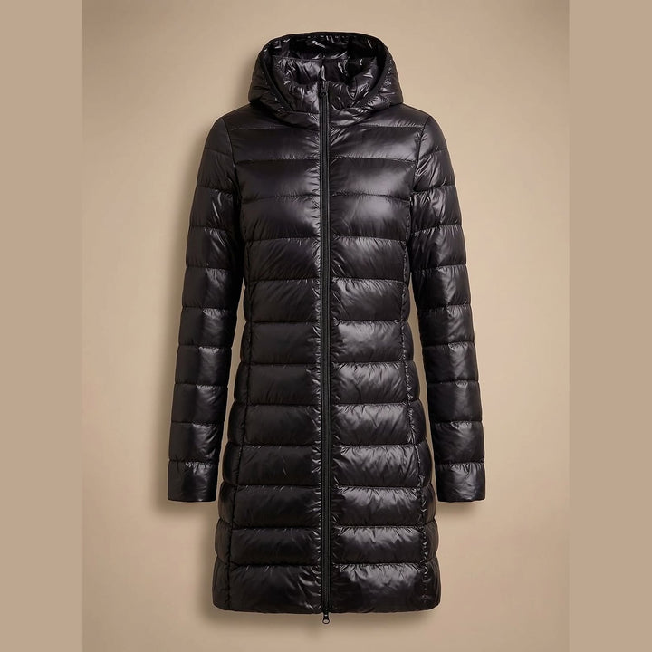 Women's Long Hooded Puffer Jacket in Black, front view