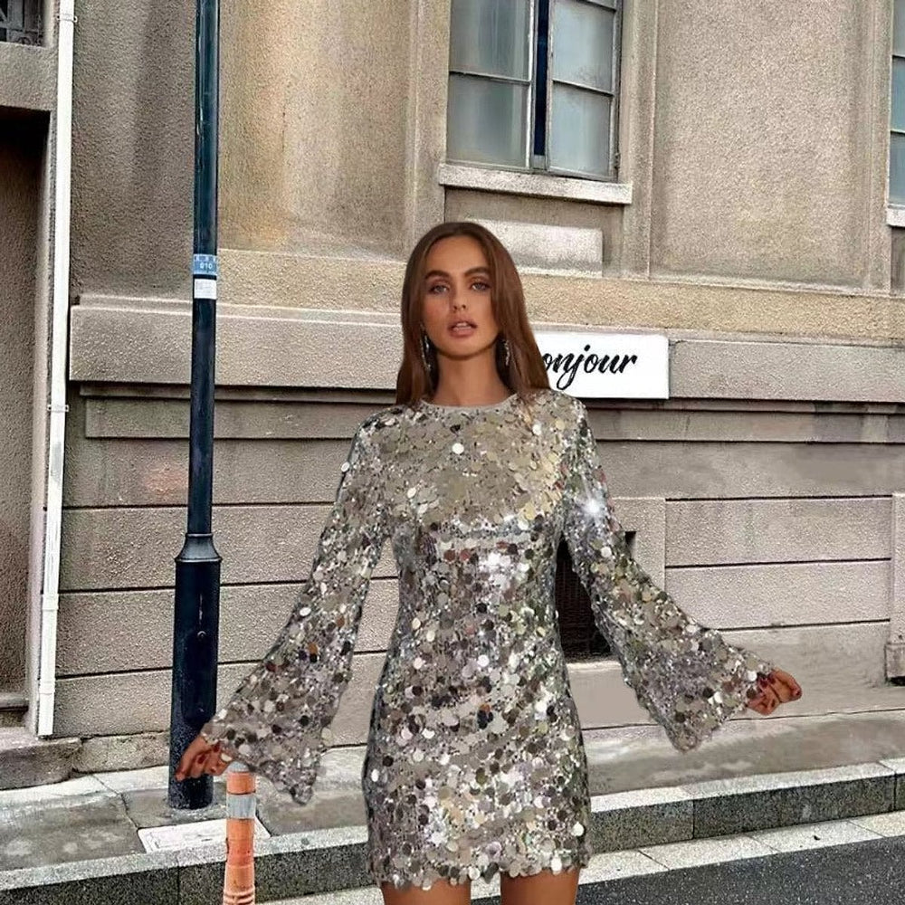 Women's Sequin Bell Sleeve Mini Dress, front view 2