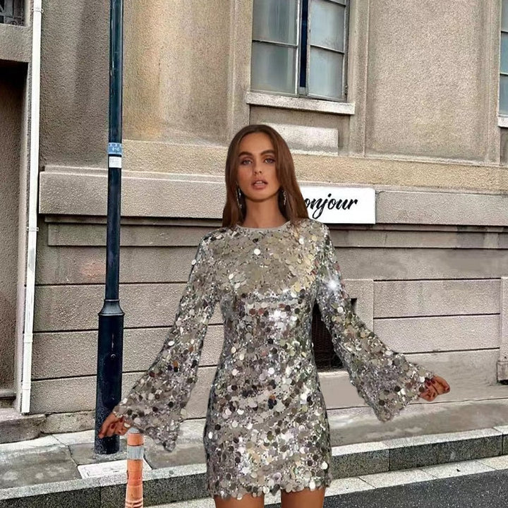 Women's Sequin Bell Sleeve Mini Dress, front view 2