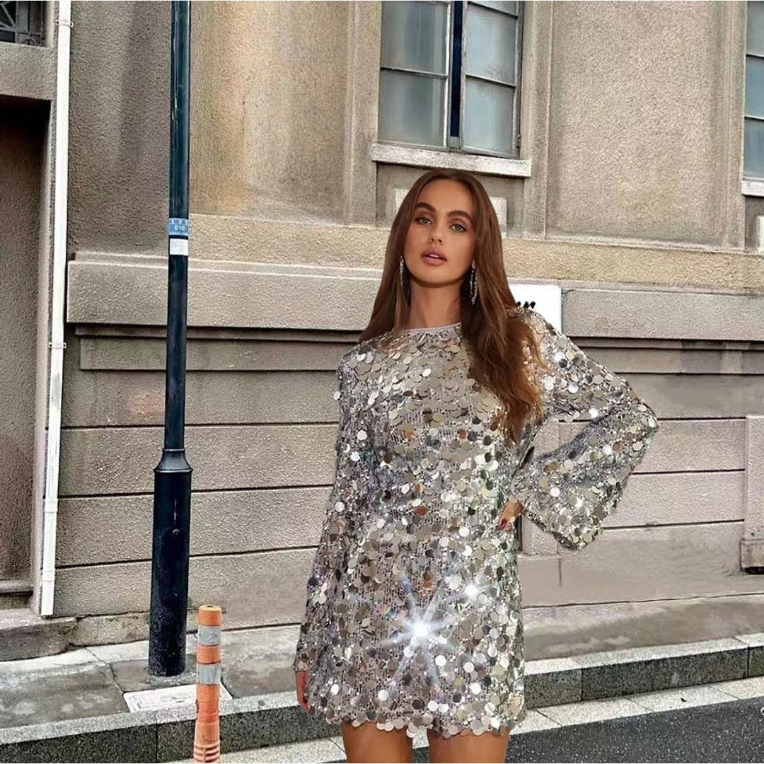 Women's Sequin Bell Sleeve Mini Dress, front view 3