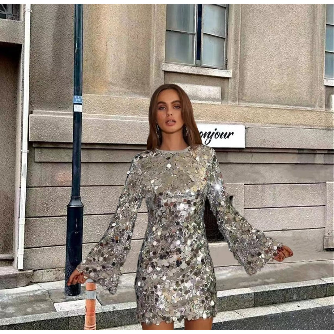 Women's Sequin Bell Sleeve Mini Dress in Silver, front view
