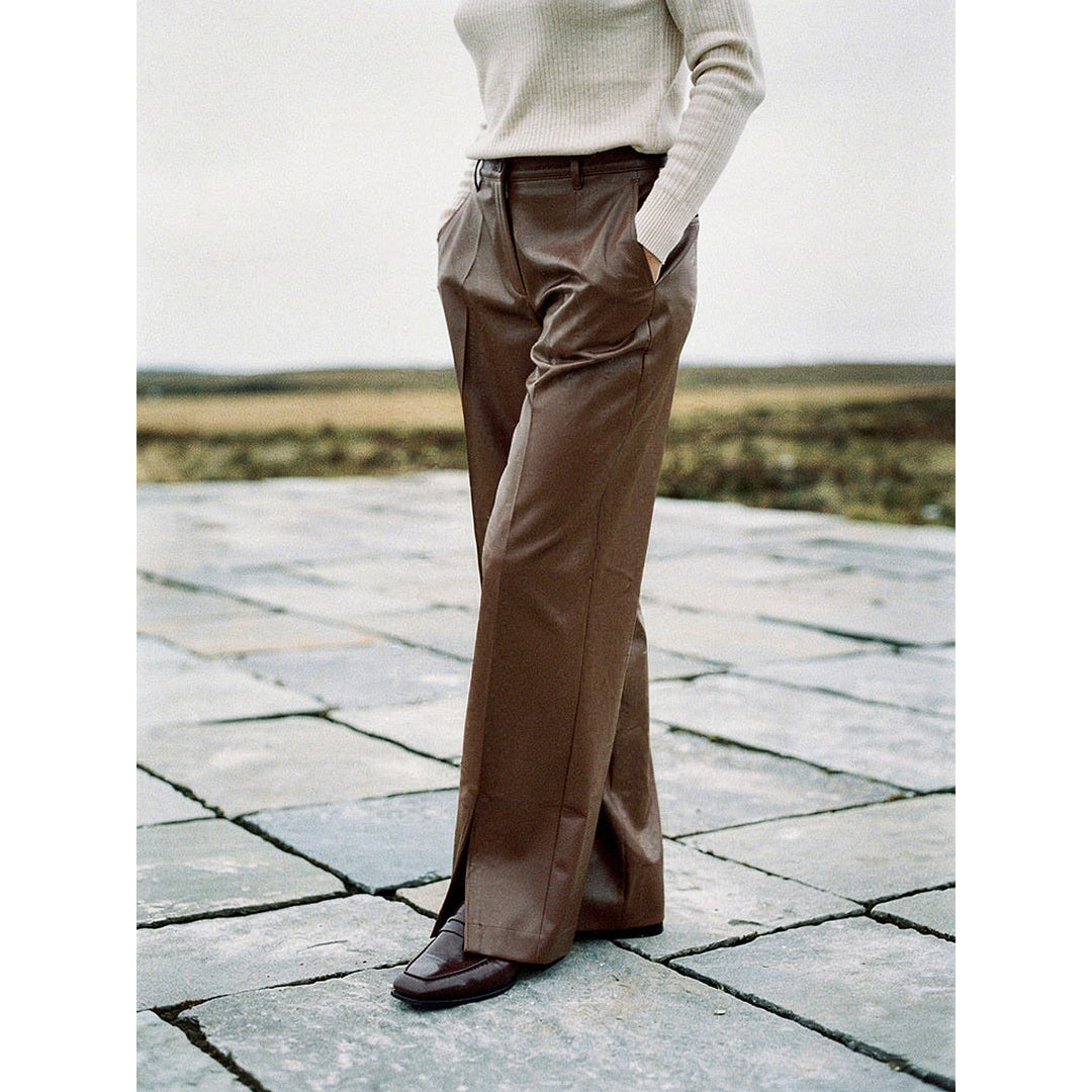Women's Faux Leather Straight Leg Pants in Brown, front view