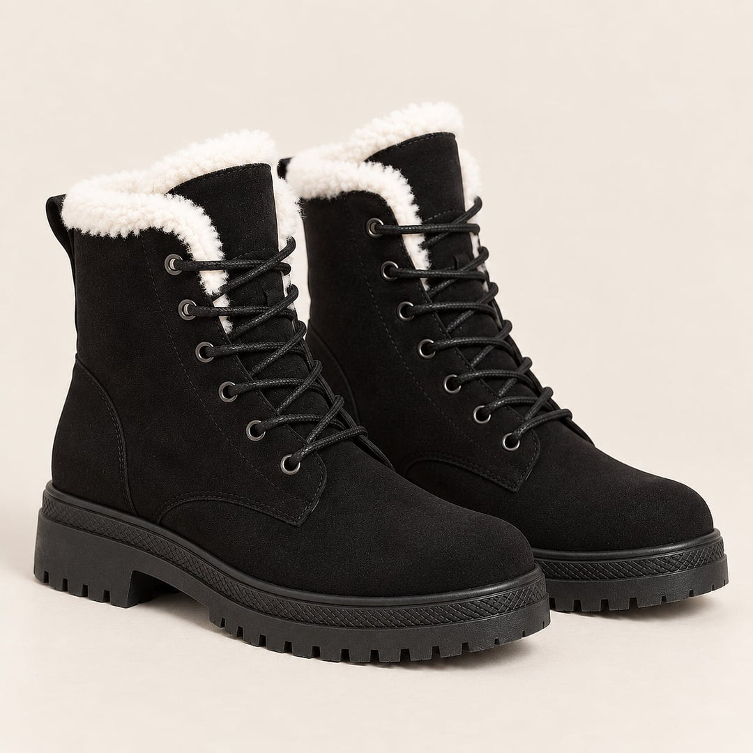 Women's Faux Fur Lined Lace Up Boots in Black, front view